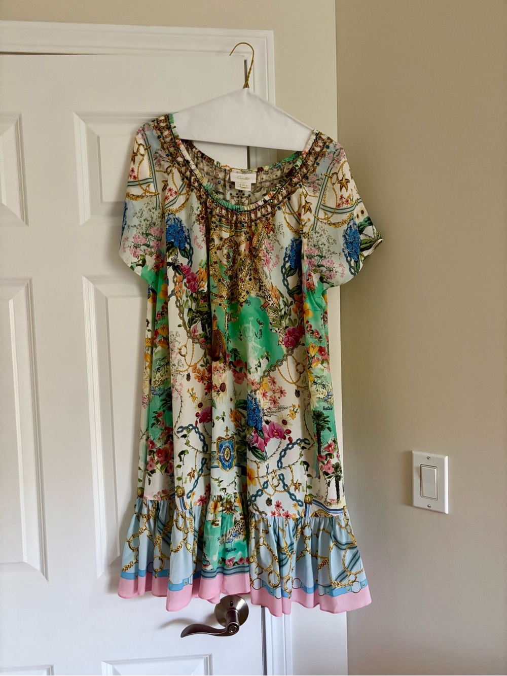 Newer worn silk Camilla Mint Green & Pink Floral Chain-Print Dress, fits L, XL.